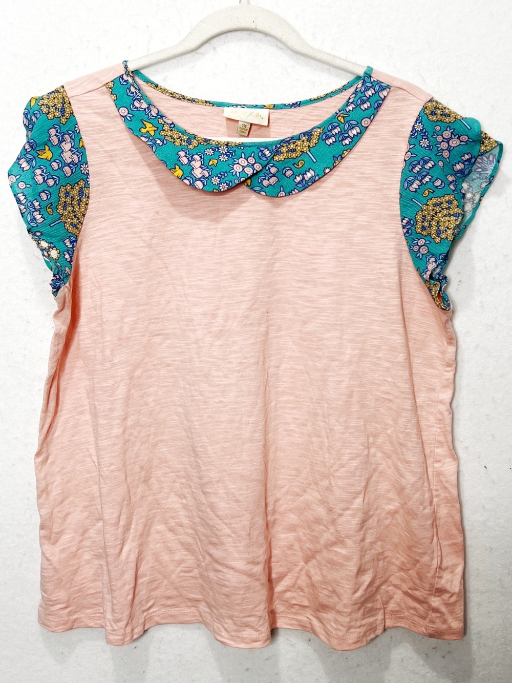 ModCloth Womens 1X Blush Pink Top Teal Floral Peter Pan Collar Flutter Sleeve
